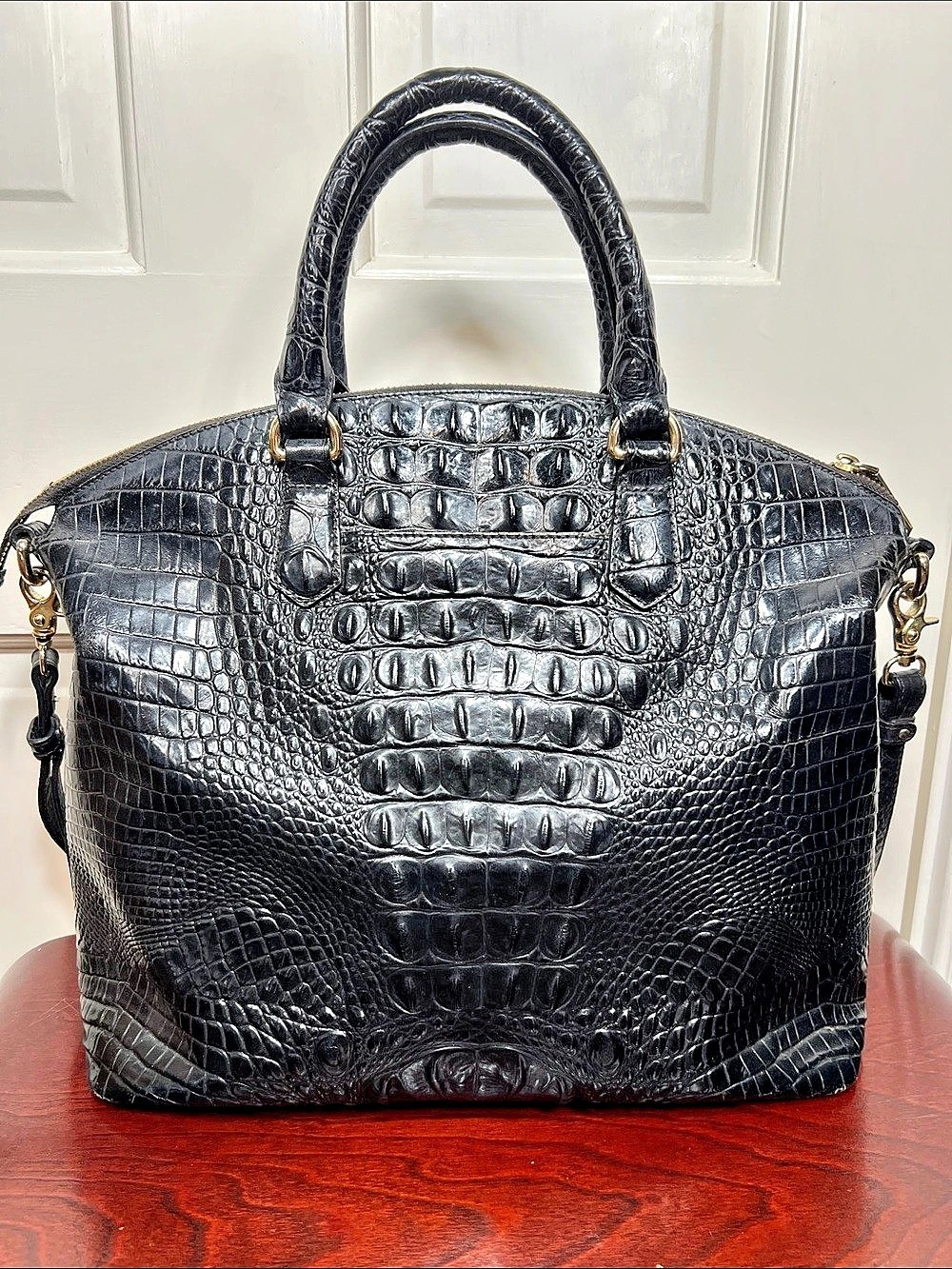 Brahmin Crocodile Embossed Satchel Black
